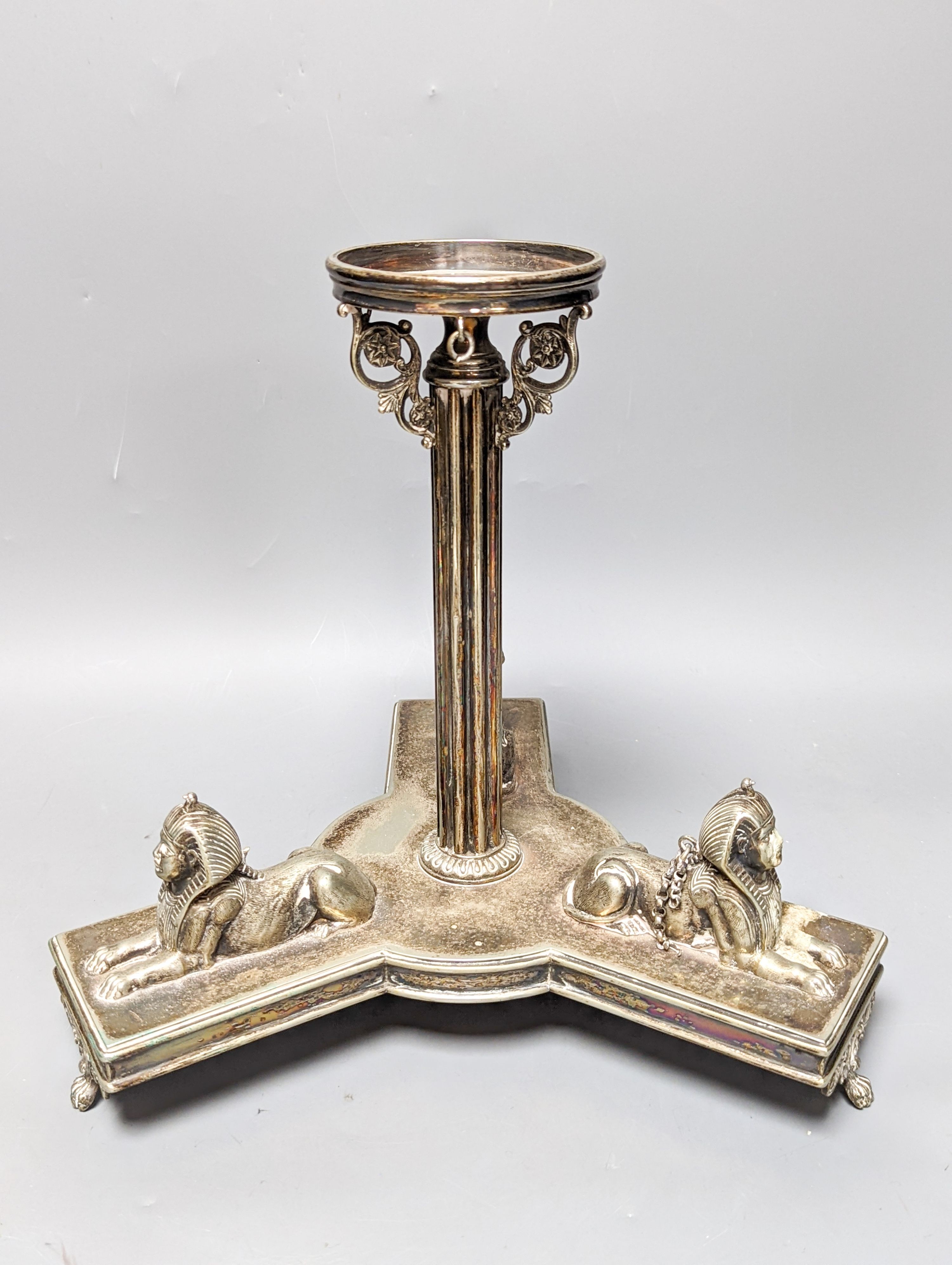 A Walker and Hall electroplate ‘Sphinx’ centrepiece 28cm